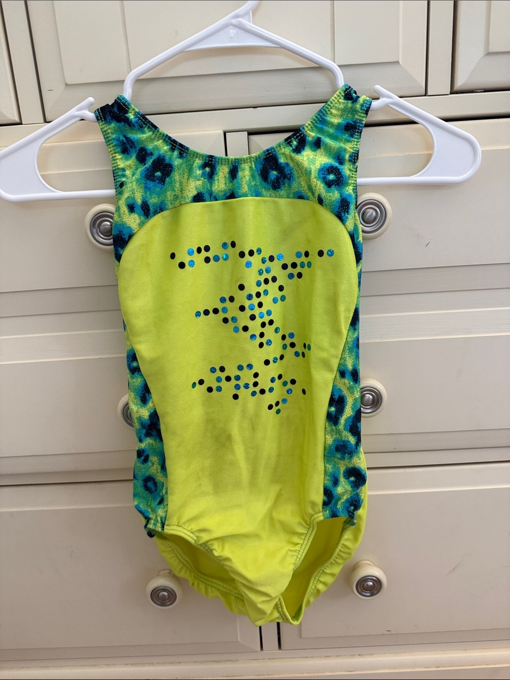 Motionwear 🤸 Neon green/blue & Metallic Sparkle Gymnastics Leotard